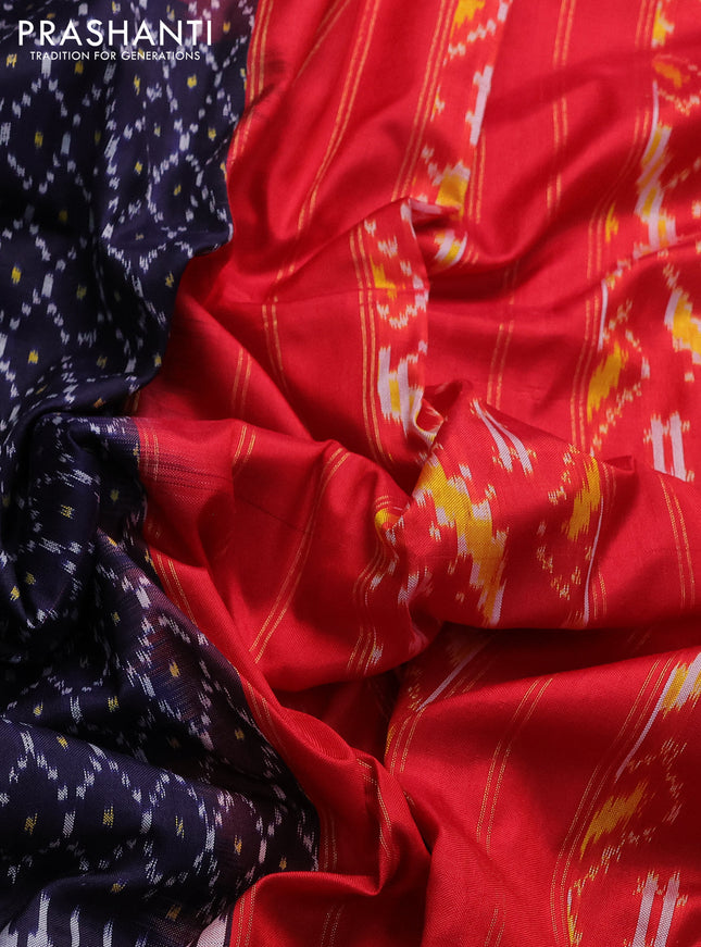 Pochampally silk saree navy blue and red with allover ikat prints and zari woven border