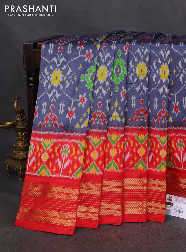 Pochampally silk saree grey and red with allover ikat prints and zari woven border