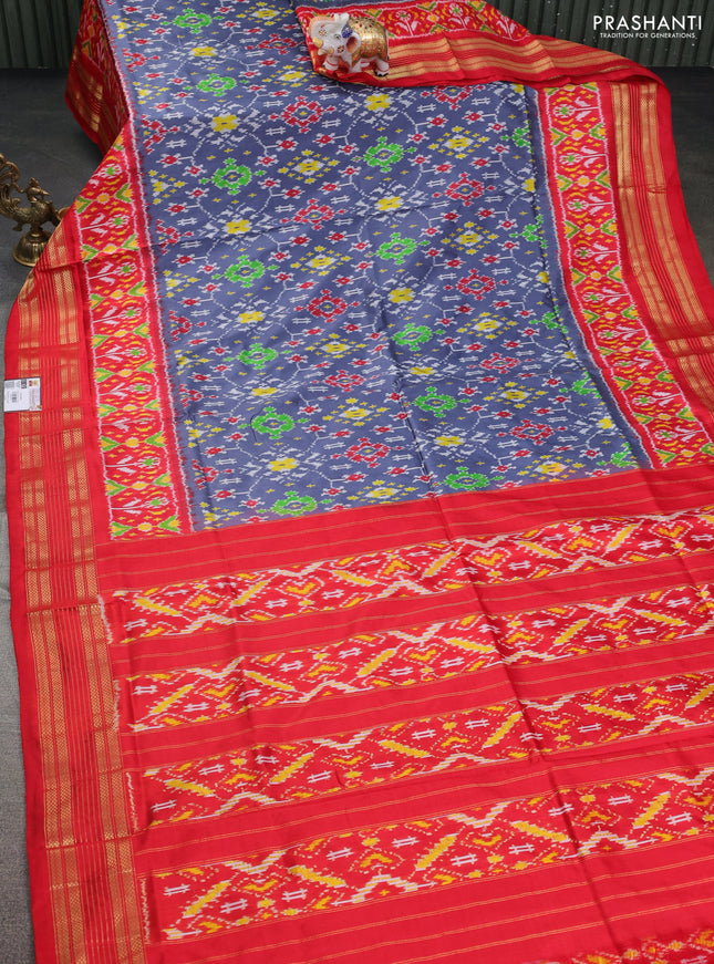 Pochampally silk saree grey and red with allover ikat prints and zari woven border