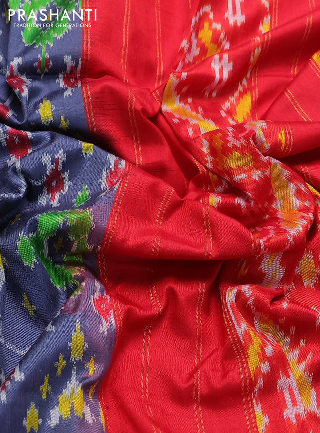 Pochampally silk saree grey and red with allover ikat prints and zari woven border