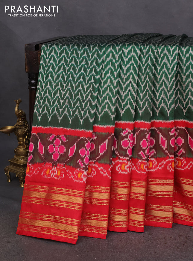 Pochampally silk saree green and red with allover ikat prints and zari woven border