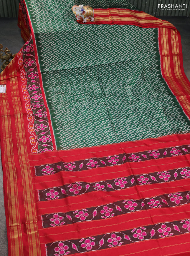 Pochampally silk saree green and red with allover ikat prints and zari woven border