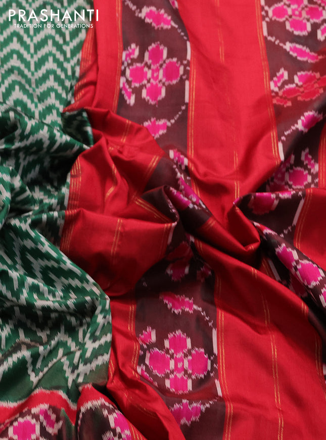 Pochampally silk saree green and red with allover ikat prints and zari woven border