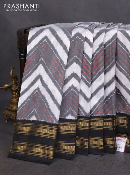 Pochampally silk saree off white grey and black with allover ikat prints and zari woven border