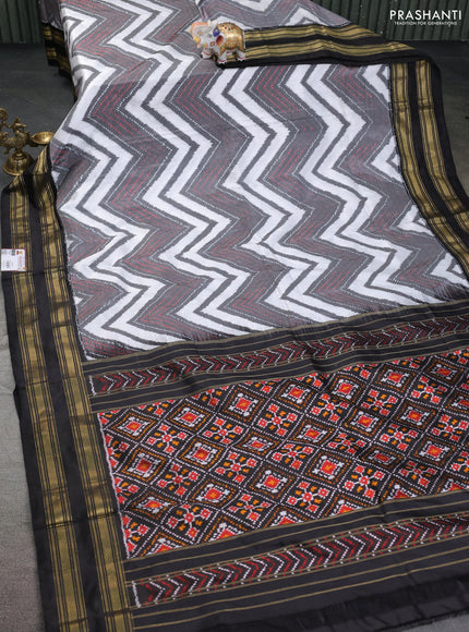 Pochampally silk saree off white grey and black with allover ikat prints and zari woven border