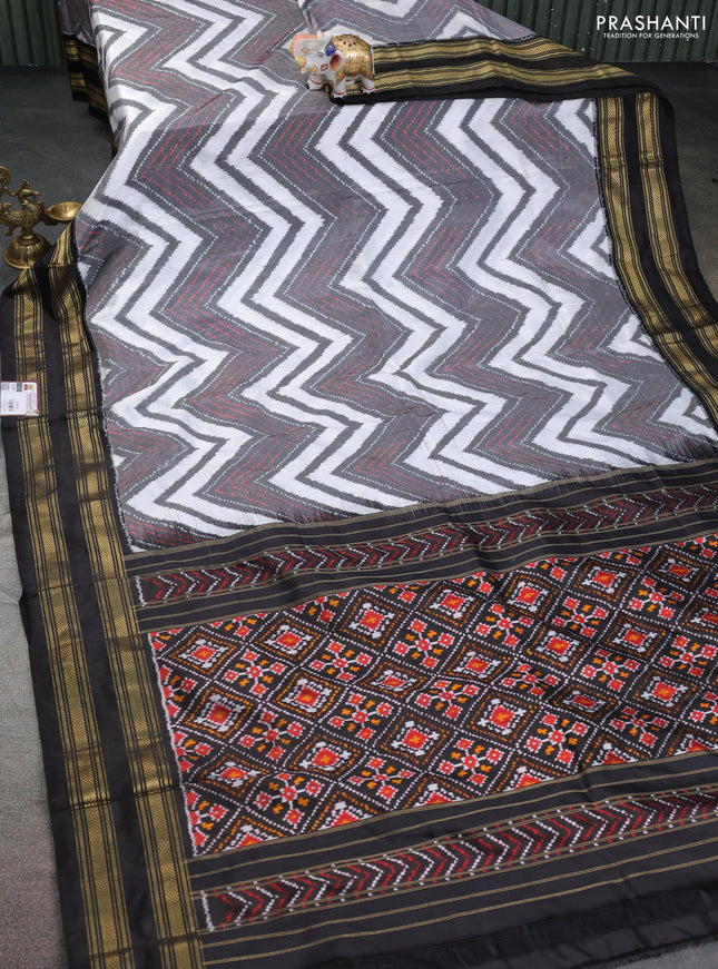 Pochampally silk saree off white grey and black with allover ikat prints and zari woven border