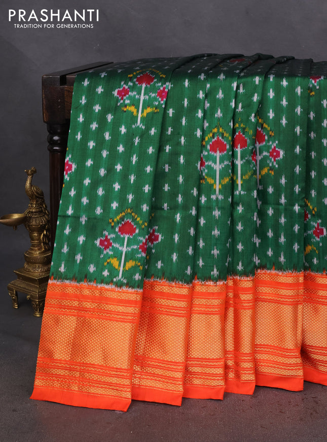 Pochampally silk saree green and orange with allover ikat prints and zari woven border