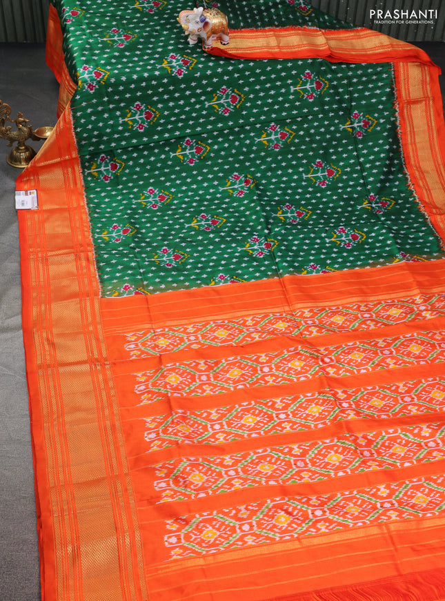 Pochampally silk saree green and orange with allover ikat prints and zari woven border