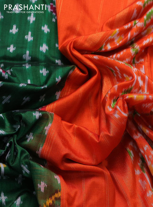 Pochampally silk saree green and orange with allover ikat prints and zari woven border