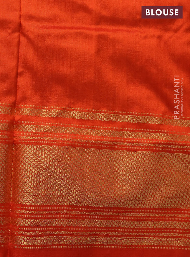 Pochampally silk saree green and orange with allover ikat prints and zari woven border