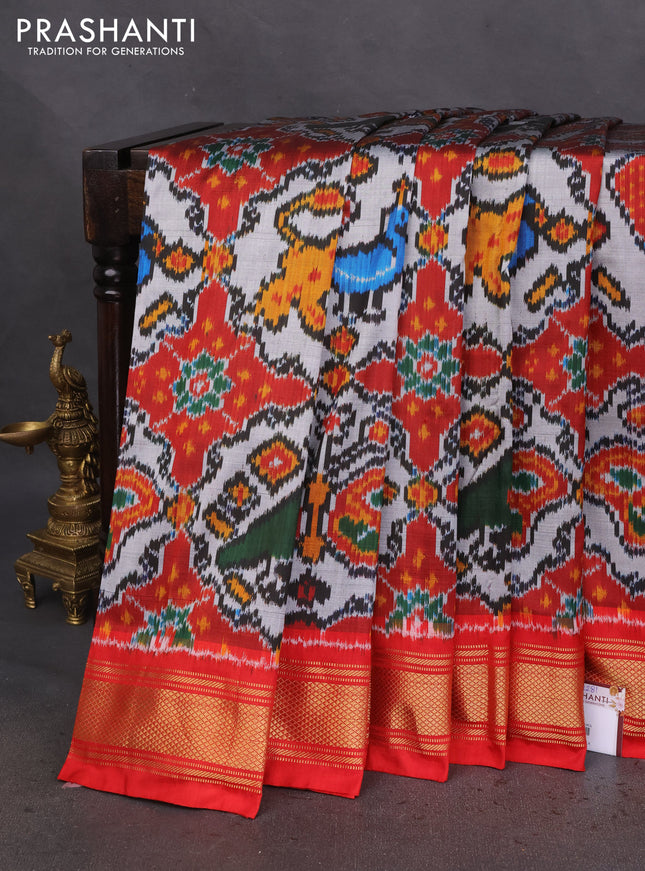 Pochampally silk saree multi colour and red with allover ikat prints and zari woven border