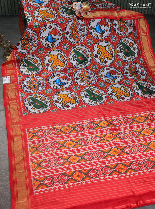 Pochampally silk saree multi colour and red with allover ikat prints and zari woven border