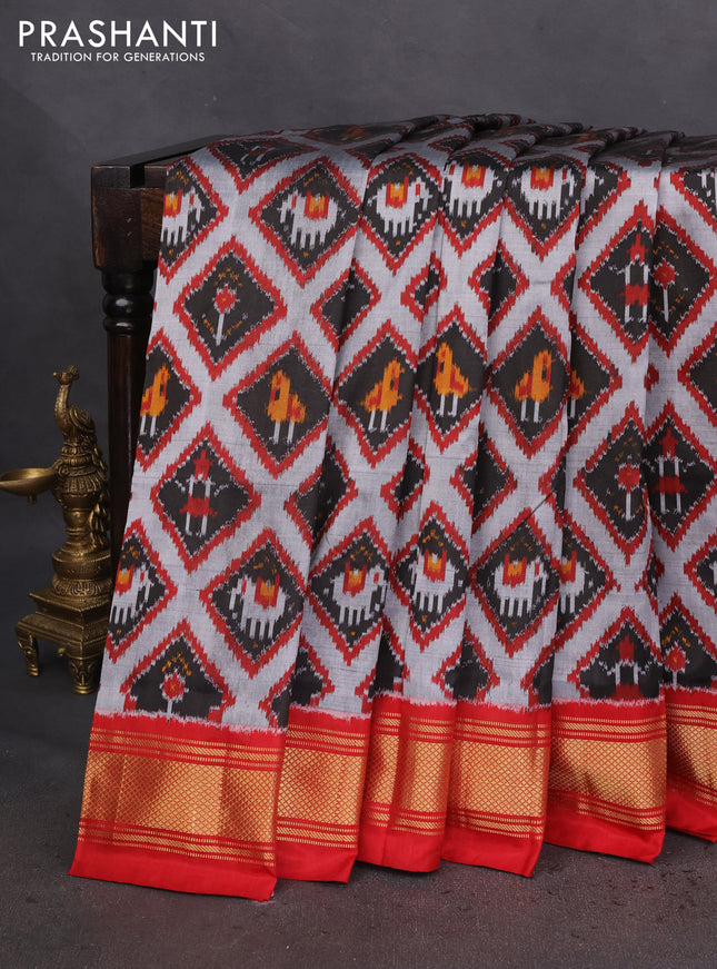 Pochampally silk saree grey black and red with allover ikat prints and zari woven border