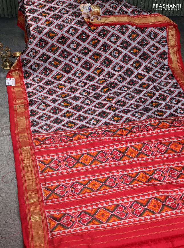 Pochampally silk saree grey black and red with allover ikat prints and zari woven border