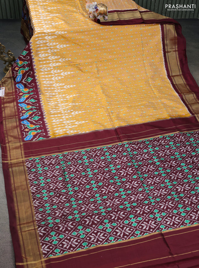 Pochampally silk saree pale yellow and wine shade with allover ikat prints and zari woven border