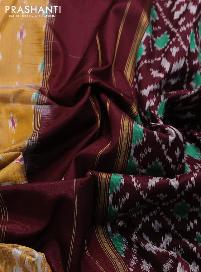 Pochampally silk saree pale yellow and wine shade with allover ikat prints and zari woven border
