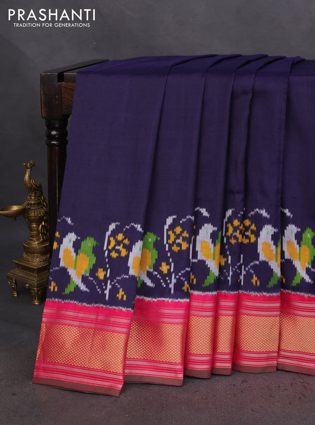 Pochampally silk saree navy blue and pink with plain body and zari woven border