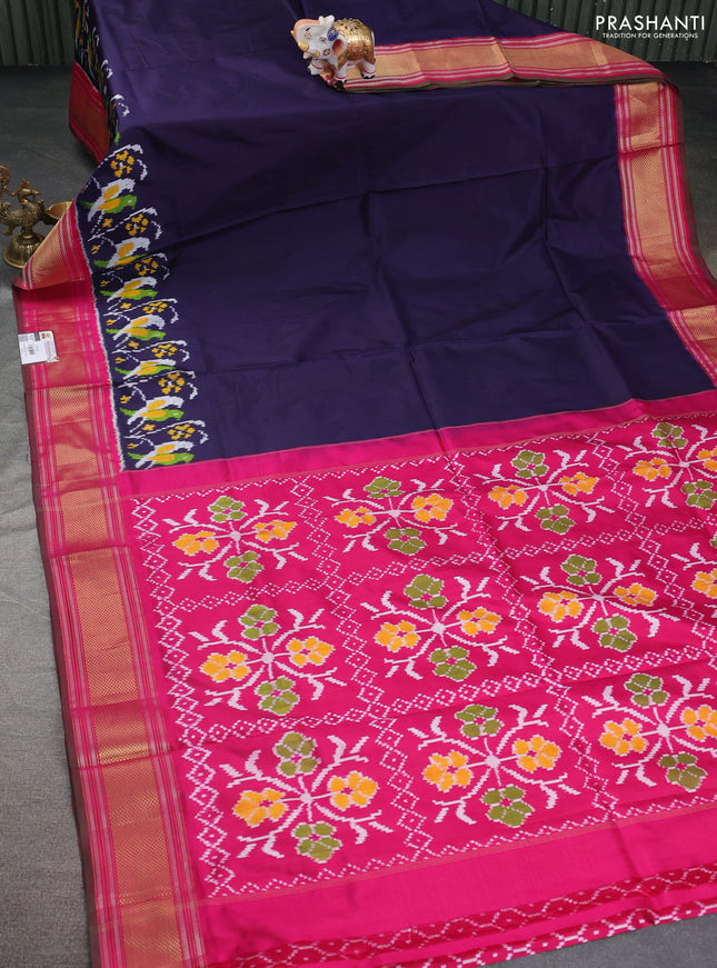 Pochampally silk saree navy blue and pink with plain body and zari woven border