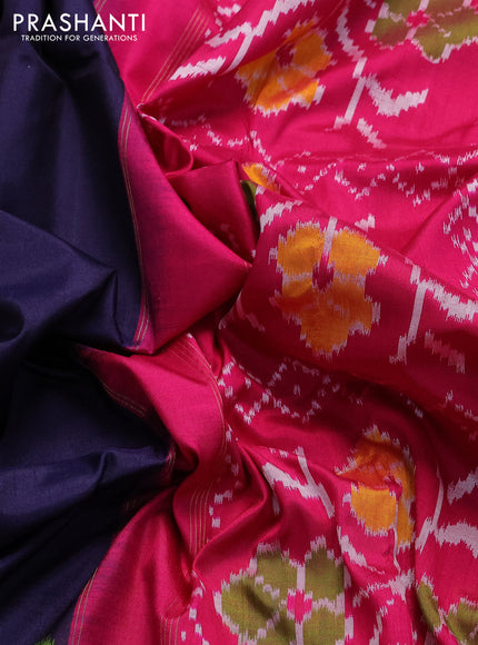 Pochampally silk saree navy blue and pink with plain body and zari woven border