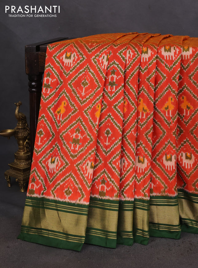 Pochampally silk saree orange and green with allover ikat prints and zari woven border