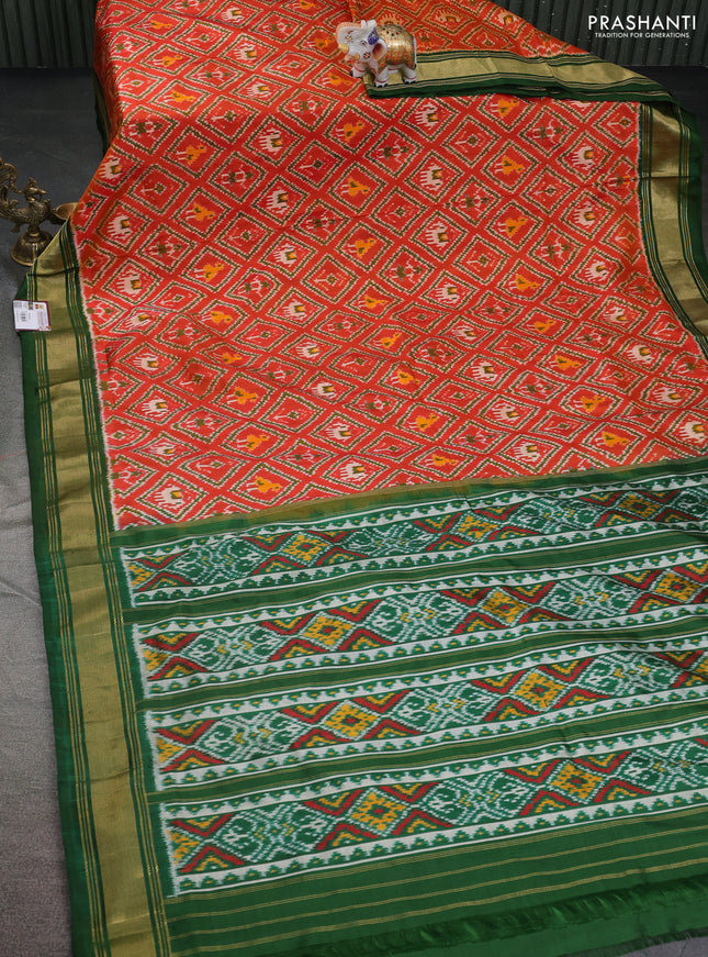 Pochampally silk saree orange and green with allover ikat prints and zari woven border