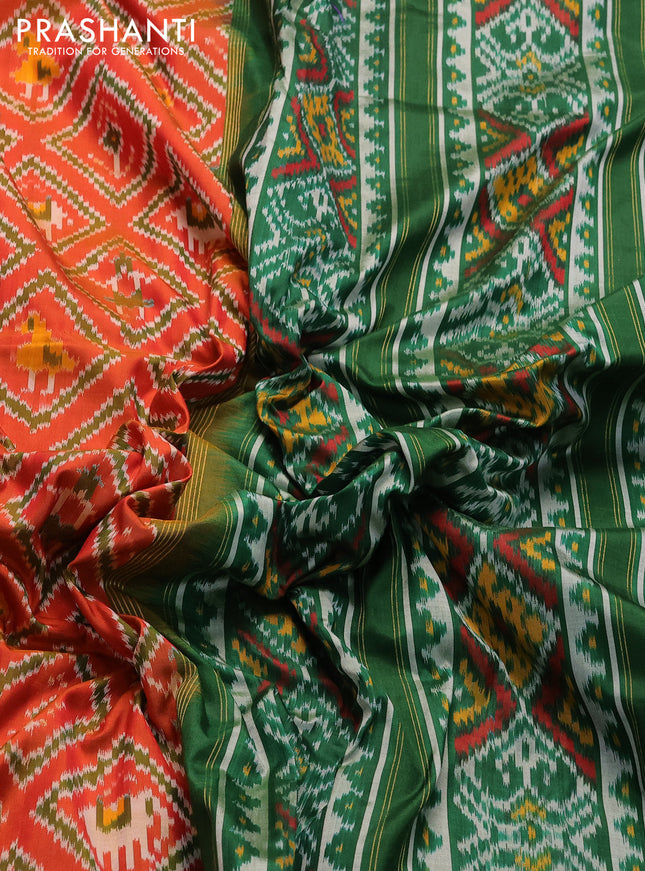 Pochampally silk saree orange and green with allover ikat prints and zari woven border