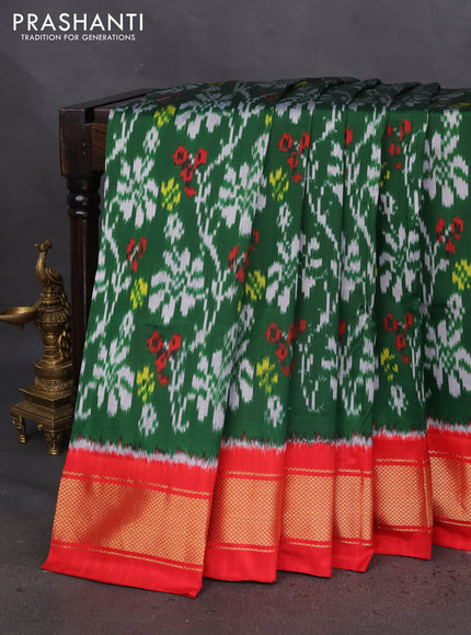 Pochampally silk saree green and red with allover ikat prints and zari woven border
