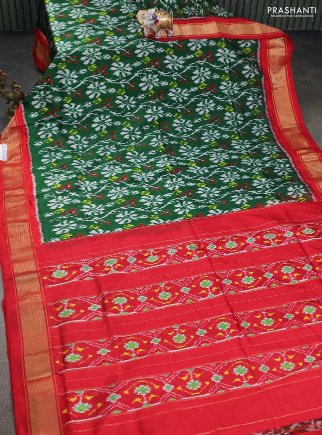 Pochampally silk saree green and red with allover ikat prints and zari woven border