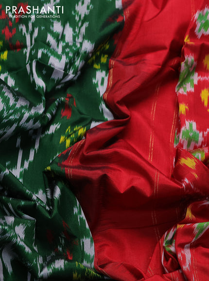 Pochampally silk saree green and red with allover ikat prints and zari woven border
