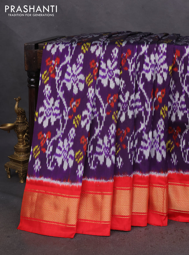 Pochampally silk saree violet and red with allover ikat prints and zari woven border