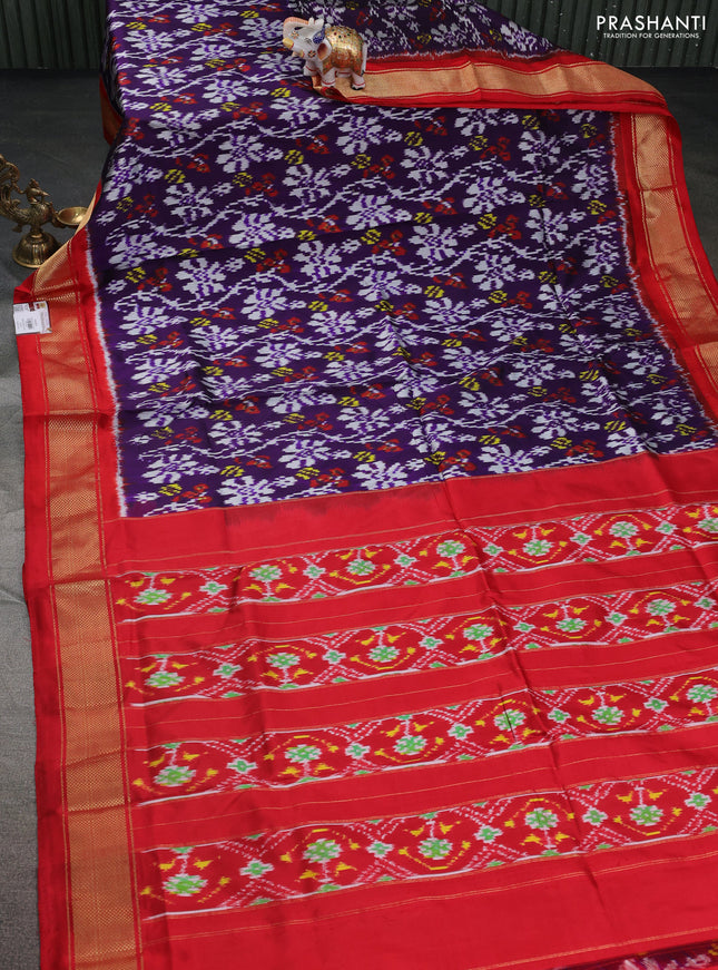 Pochampally silk saree violet and red with allover ikat prints and zari woven border