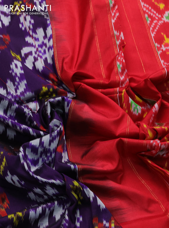 Pochampally silk saree violet and red with allover ikat prints and zari woven border