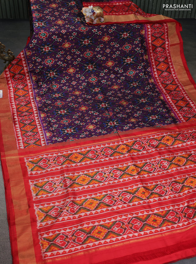 Pochampally silk saree deep purple and maroon with allover ikat prints and zari woven border