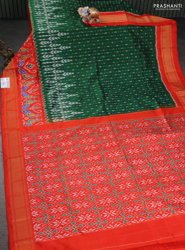 Pochampally silk saree green and orange with allover ikat prints and zari woven border
