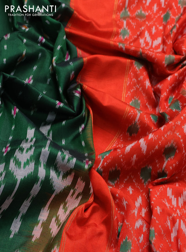 Pochampally silk saree green and orange with allover ikat prints and zari woven border