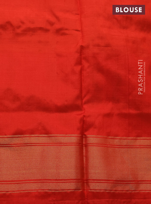 Pochampally silk saree green and orange with allover ikat prints and zari woven border