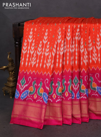 Pochampally silk saree orange and pink with allover ikat prints and zari woven border