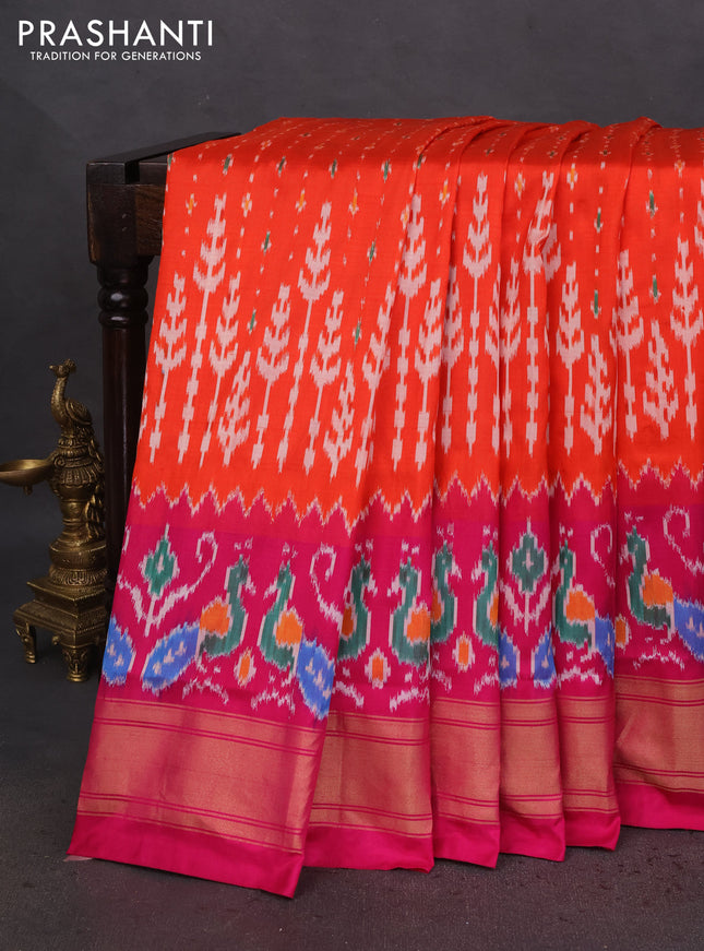 Pochampally silk saree orange and pink with allover ikat prints and zari woven border