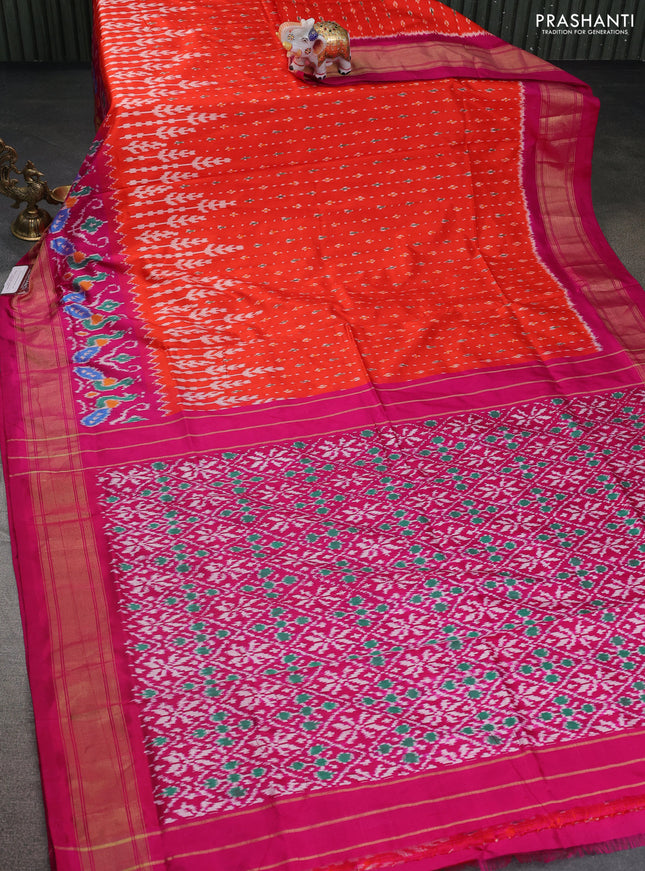 Pochampally silk saree orange and pink with allover ikat prints and zari woven border