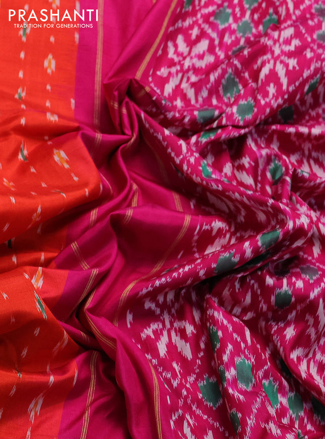 Pochampally silk saree orange and pink with allover ikat prints and zari woven border