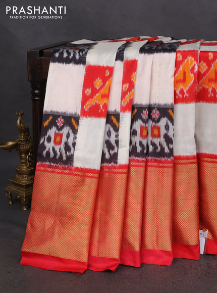 Pochampally silk saree cream and red with allover ikat prints and long zari woven border