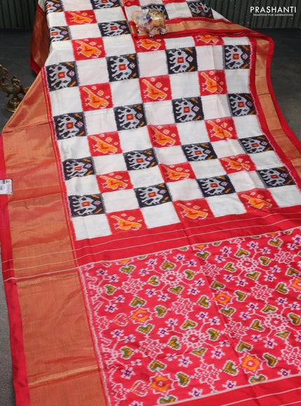 Pochampally silk saree cream and red with allover ikat prints and long zari woven border