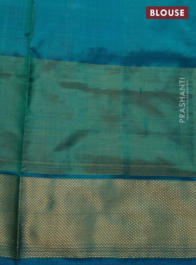 Pochampally silk saree deep wine and teal blue with allover ikat prints and long zari woven border