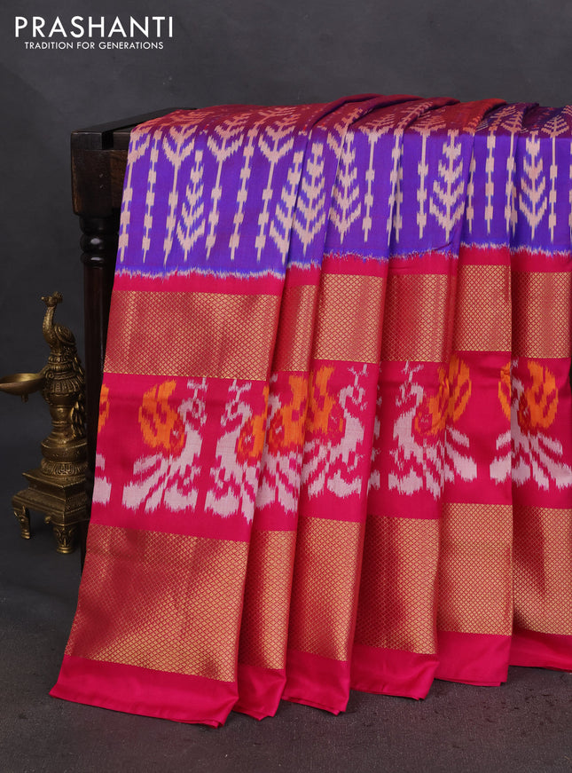 Pochampally silk saree dual shade of violet and pink with allover ikat prints and long zari woven border