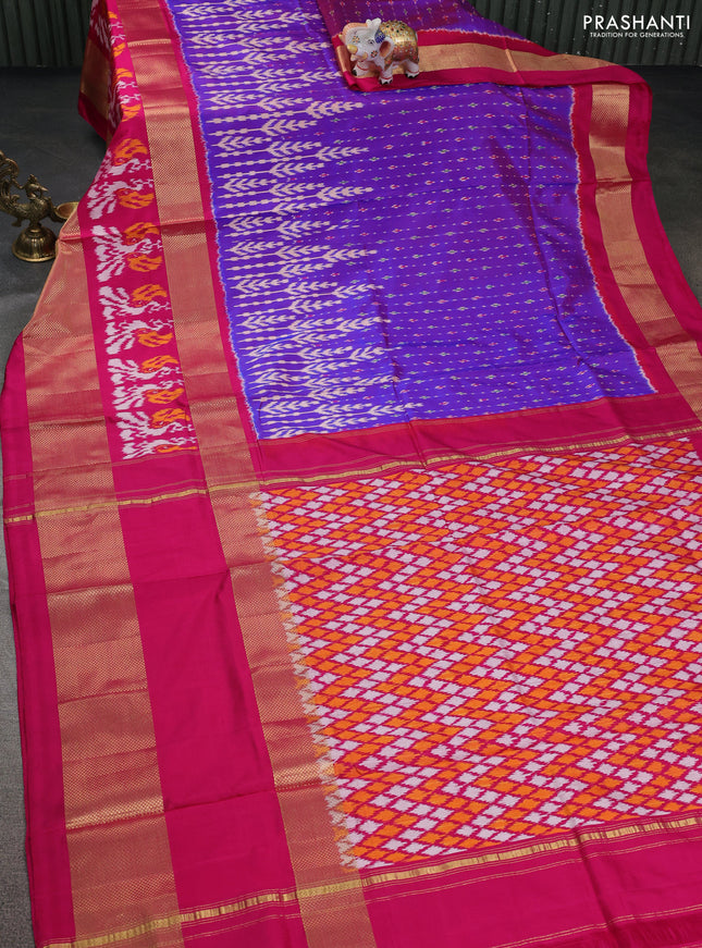 Pochampally silk saree dual shade of violet and pink with allover ikat prints and long zari woven border
