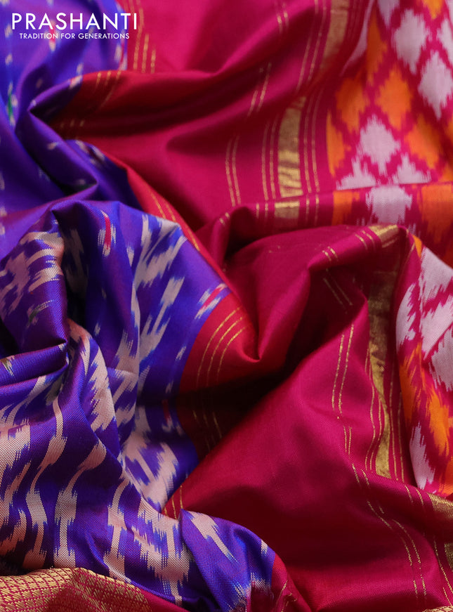 Pochampally silk saree dual shade of violet and pink with allover ikat prints and long zari woven border