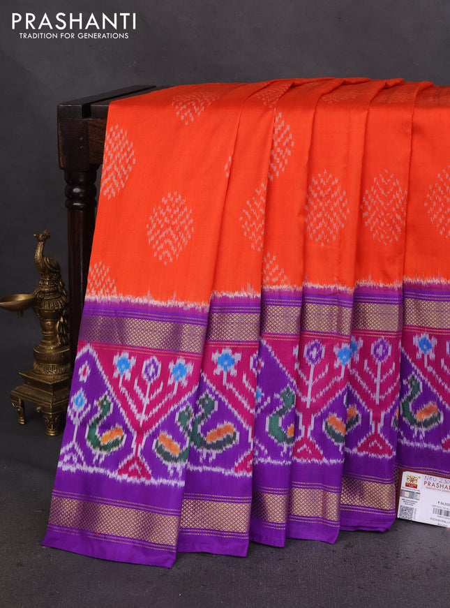 Pochampally silk saree orange and violet with allover ikat prints and long rettapet ikat style border