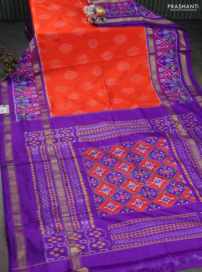 Pochampally silk saree orange and violet with allover ikat prints and long rettapet ikat style border