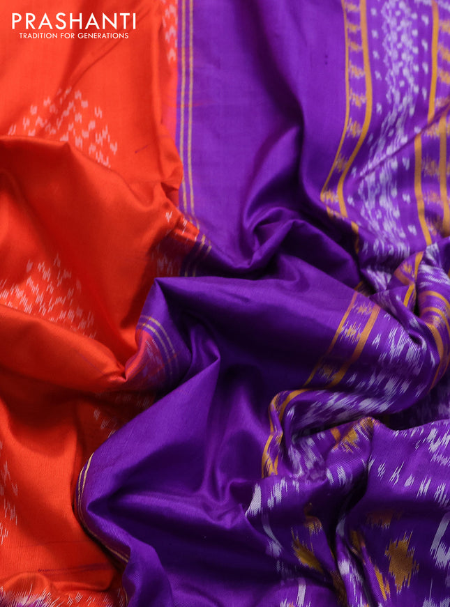 Pochampally silk saree orange and violet with allover ikat prints and long rettapet ikat style border
