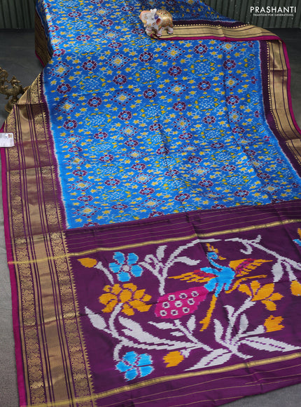 Pochampally silk saree cs blue and deep purple with allover ikat prints and annam zari woven border